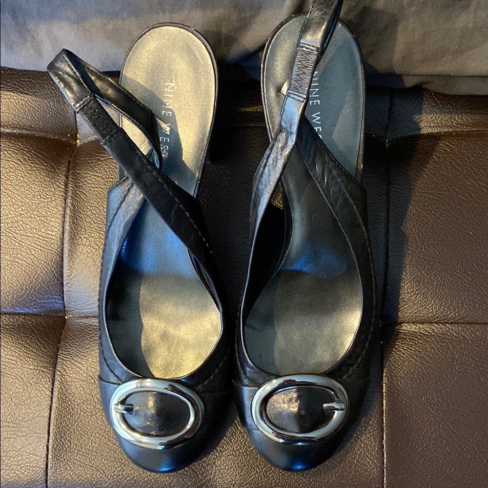 Nine West Black Leather Chunky Slingback Heels